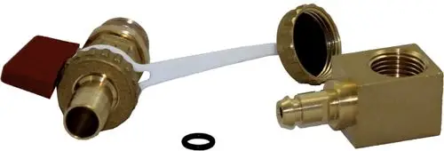 Druckanschlussadapter von Wolf, bestehend aus einem Anschluss mit Gewinde und einem hierzu passenden Schlauchanschluss, ergänzt durch eine Gummikappe und einen O-Ring.